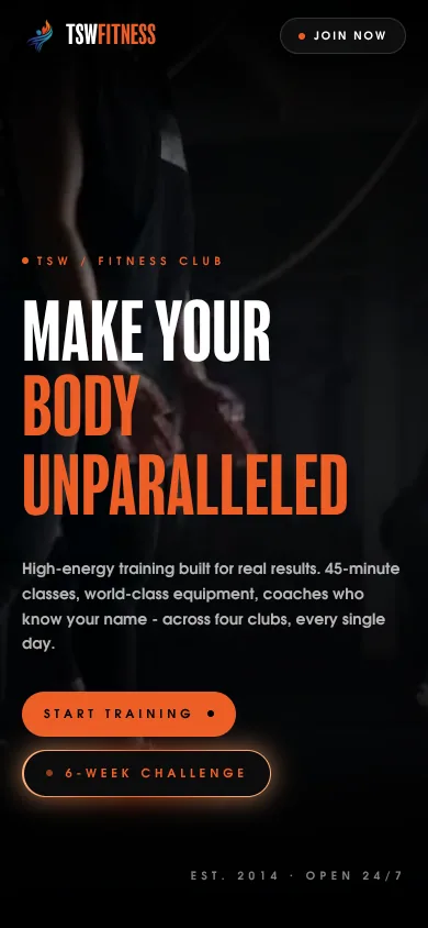 TSW Fitness website on a phone